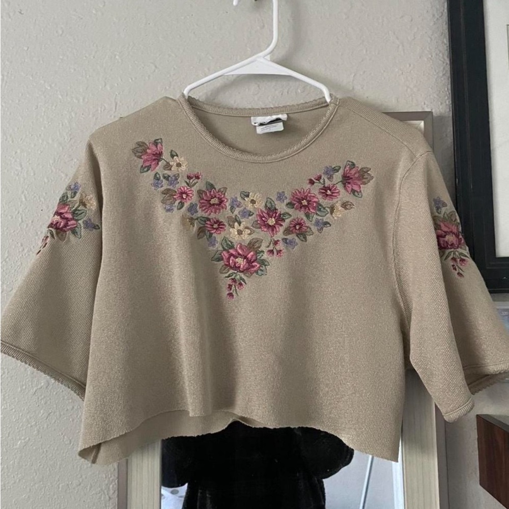 BonWorth Tan Floral Embroidered Crop Top